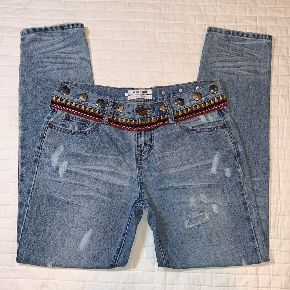 One Teaspoon Blue Distressed Jeans with Embellished Belt